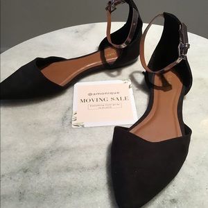 black pointed flats with silver ankle straps